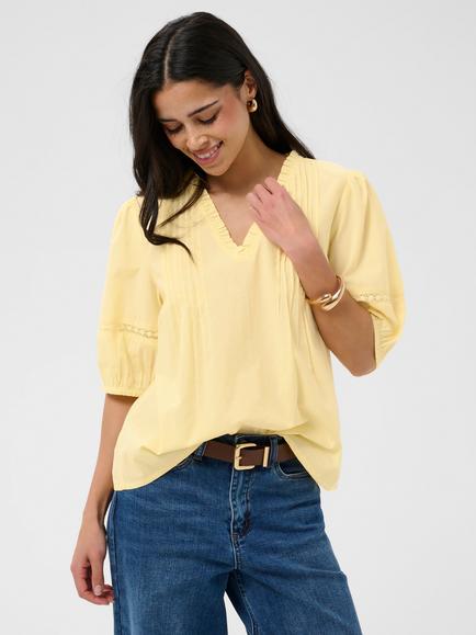 KAFFE Valerie Pintuck V-Neck Short Sleeve Blouse, Sunlight