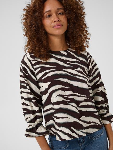 KAFFE Kaviky Animal Three Quarter Length Top containing LENZING™ ECOVERO™ Viscose, Coffee Bean/Turtledo, Coffee Bean/Turtledo