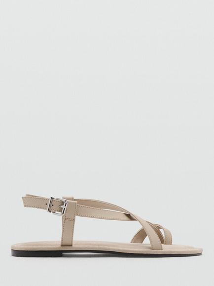 Mango Leather Ankle Strap Toe Loop Sandals, Sand