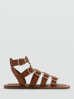 Mango Leather Sculptural Buckle Gladiator Sandals, Brown, Brown