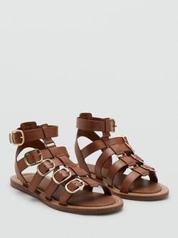 Mango Leather Sculptural Buckle Gladiator Sandals, Brown - view 2, Brown
