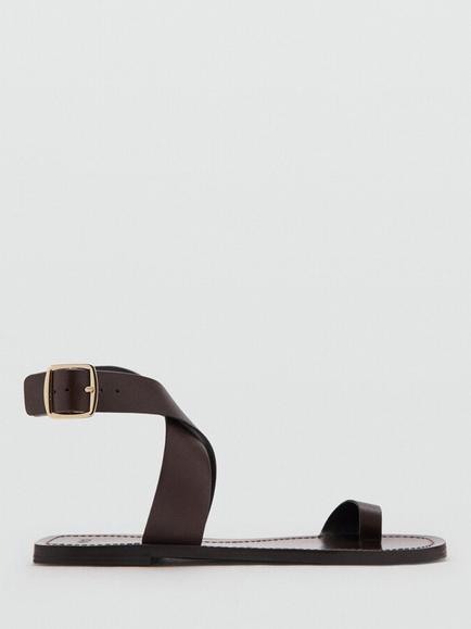 Mango Leather Ankle Cross Over Strappy Sandals, Chocolate, Chocolate