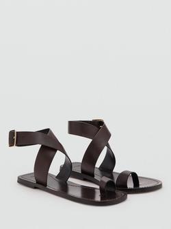 Mango Leather Ankle Cross Over Strappy Sandals, Chocolate - view 2, Chocolate