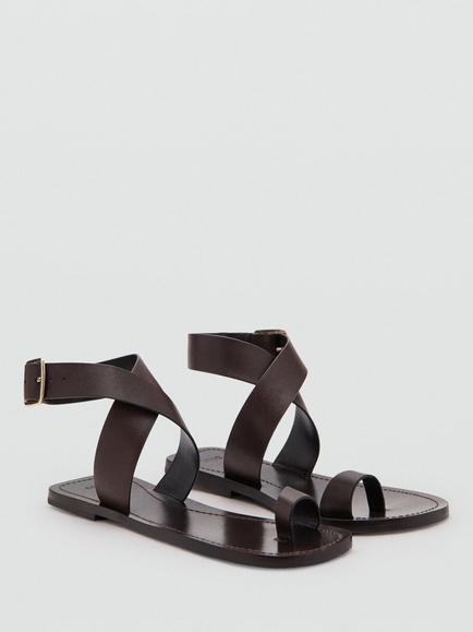Mango Leather Ankle Cross Over Strappy Sandals, Chocolate - view 2, Chocolate