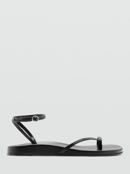 Mango Leather Toe Loop Ankle Strap Footbed Sandals, Black, Black