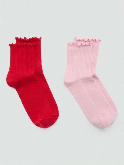 Mango Rizos Frill Top Socks, Pack of 2 Pairs, Red/Light Pink