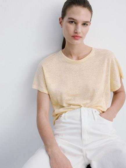 Mango Linen Relaxed Fit Crew T-Shirt, Vanilla, Vanilla