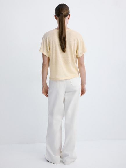 Mango Linen Relaxed Fit Crew T-Shirt, Vanilla - view 2, Vanilla