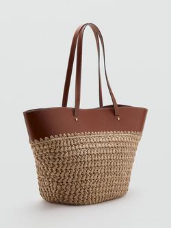 Mango Woven Tote Shoulder Bag, Brown - view 2, Brown