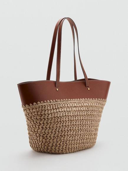 Mango Woven Tote Shoulder Bag, Brown - view 2, Brown