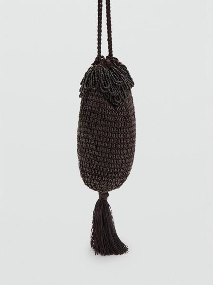 Mango Beaded Tassel Drawstring Evening Pouch, Chocolate - view 2, Chocolate