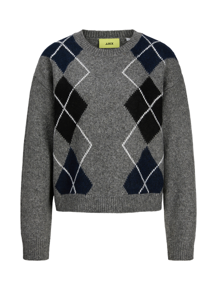 JJXX Kids' Harvi Flat Knit Argyle Crew Neck Jumper, Dark Grey, Dark Grey