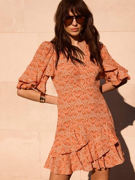Mint Velvet Floral Ruffle Dress, Orange/Multi, Orange/Multi