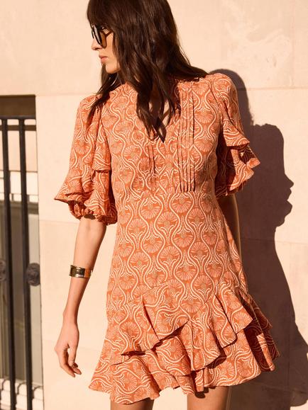 Mint Velvet Floral Ruffle Dress, Orange/Multi - view 2, Orange/Multi