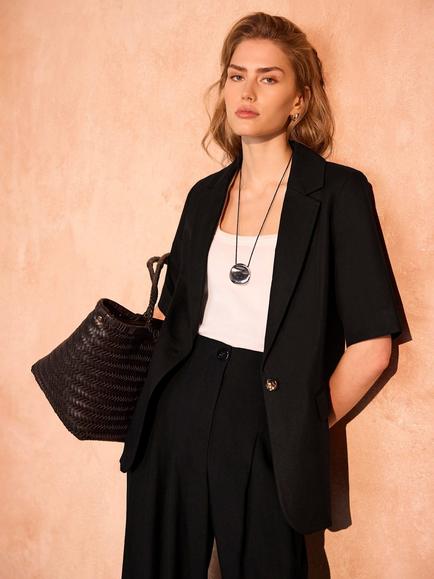 Mint Velvet Linen Blend Short Sleeve Blazer, Black - view 2, Black