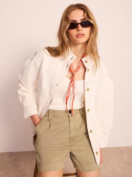 Mint Velvet Lace Trim Funnel Neck Denim Jacket, White Ivory, White Ivory