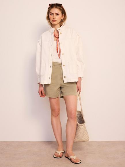 Mint Velvet Lace Trim Funnel Neck Denim Jacket, White Ivory - view 2, White Ivory