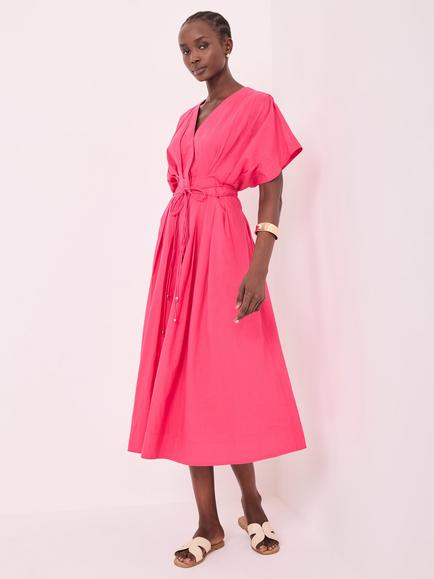 Mint Velvet Cotton Tie Waist Midi Dress, Pink, Pink