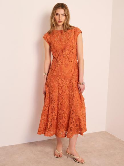 Mint Velvet Lace Floral A Line Midi Dress, Orange, Orange
