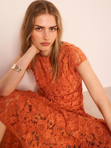 Mint Velvet Lace Floral A Line Midi Dress, Orange - view 2, Orange