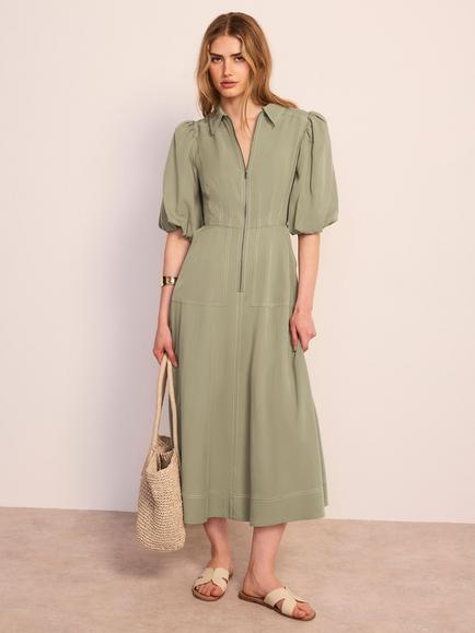 Mint Velvet Zip-Up Shirt Dress, Green Khaki, Green Khaki