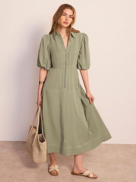 Mint Velvet Zip-Up Shirt Dress, Green Khaki - view 2, Green Khaki