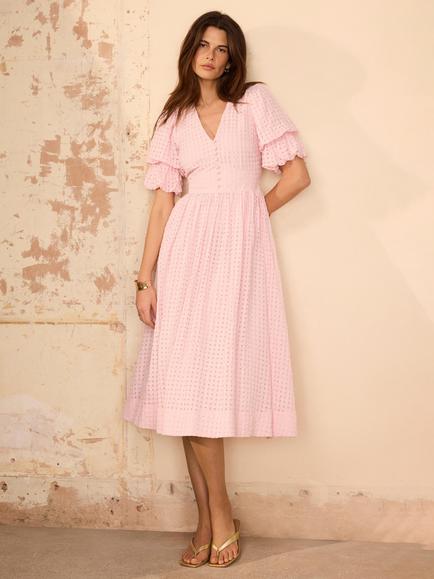 Mint Velvet Seersucker Checked Fit & Flare Midi Dress, Pink, Pink