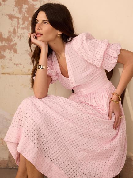 Mint Velvet Seersucker Checked Fit & Flare Midi Dress, Pink - view 2, Pink