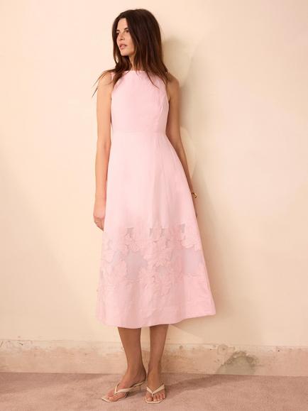 Mint Velvet Linen Blend Embroidered Floral Fit & Flare Midi Dress, Blue, Pink