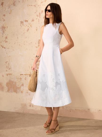 Mint Velvet Linen Blend Embroidered Floral Fit & Flare Midi Dress, Blue, Blue