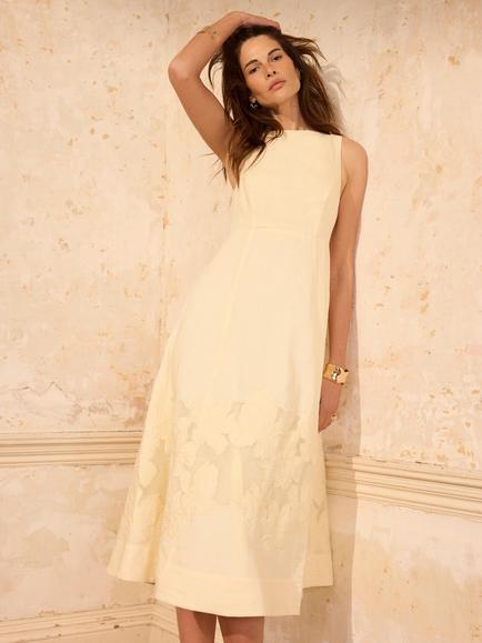 Mint Velvet Linen Blend Embroidered Floral Fit & Flare Midi Dress, Blue, Yellow