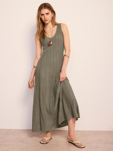 Mint Velvet Metallic Knit Midi Dress, Green Khaki, Green Khaki
