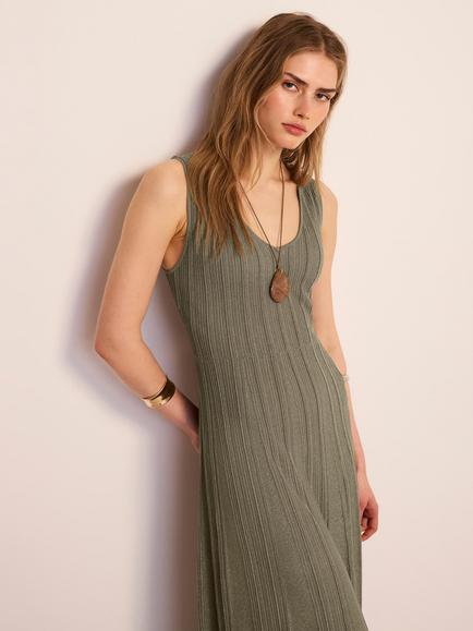 Mint Velvet Metallic Knit Midi Dress, Green Khaki - view 2, Green Khaki