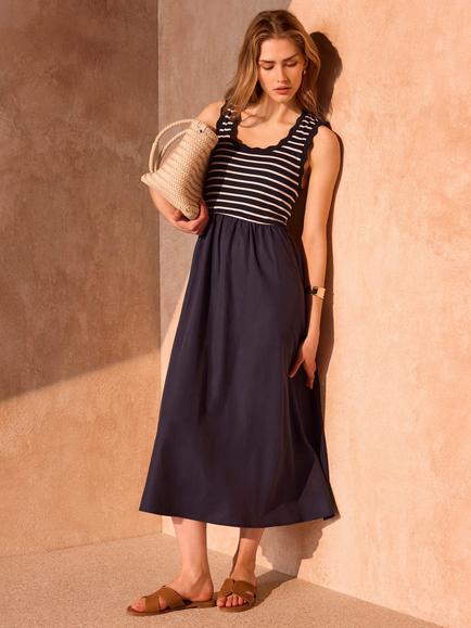 Mint Velvet Cotton Rich Scallop Trim Fit & Flare Midi Dress, Blue Navy - view 2, Blue Navy