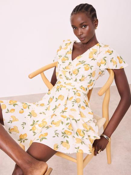 Mint Velvet Lemon Print Tiered Fit & Flare Mini Dress, Yellow/Multi - view 2, Yellow/Multi
