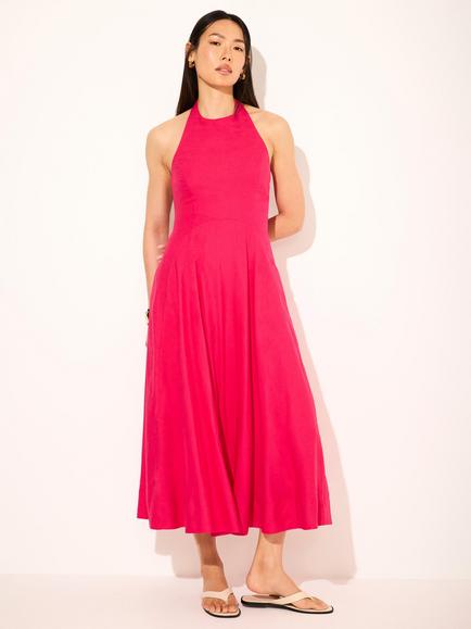 Mint Velvet Linen Blend Halter Midi Dress, Pink, Pink