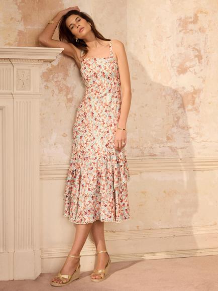 Mint Velvet Tiered Linen Blend Ruffle Midi Dress - view 2, Orange