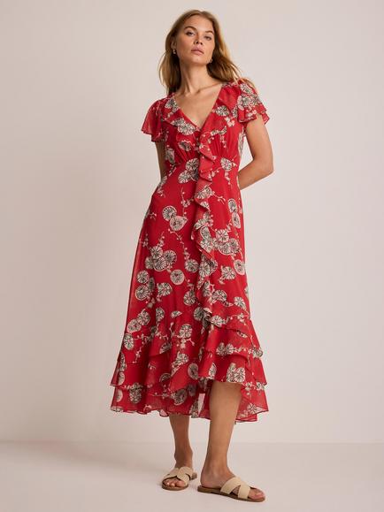 Mint Velvet Floral Fit & Flare Tiered Ruffle Midi Dress, Red/Multi, Red/Multi