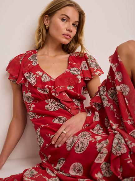 Mint Velvet Floral Fit & Flare Tiered Ruffle Midi Dress, Red/Multi - view 2, Red/Multi