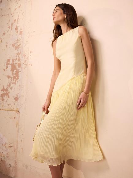 Mint Velvet Sleeveless Drop Waist Pleat Skirt Midi Dress, Yellow, Yellow