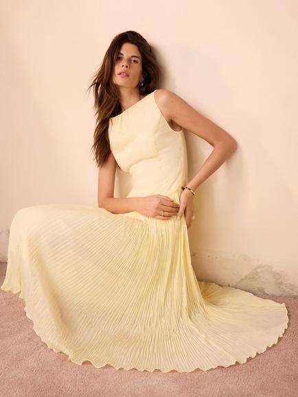 Mint Velvet Sleeveless Drop Waist Pleat Skirt Midi Dress, Yellow - view 2, Yellow