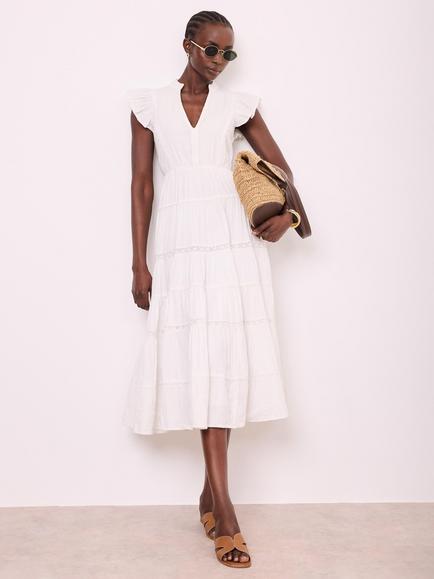Mint Velvet Crochet A Line Tiered Midi Dress, White Ivory, White Ivory