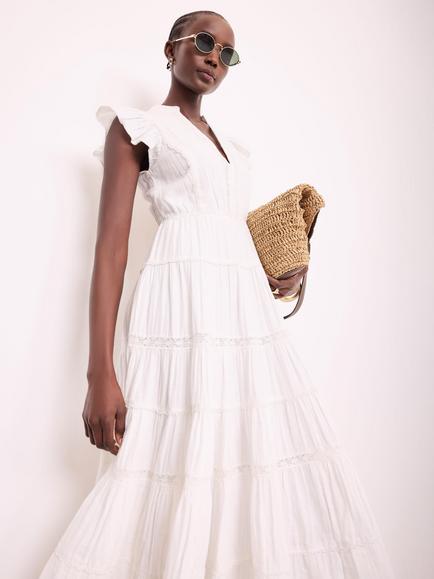 Mint Velvet Crochet A Line Tiered Midi Dress, White Ivory - view 2, White Ivory