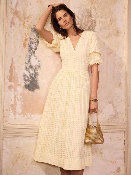 Mint Velvet Short Sleeve Seersucker Check Fit & Flare Midi Dress, Yellow, Yellow