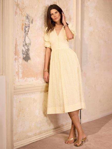 Mint Velvet Short Sleeve Seersucker Check Fit & Flare Midi Dress, Yellow - view 2, Yellow