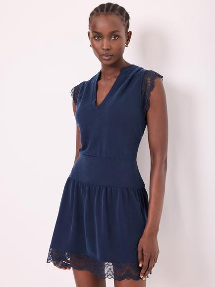 Mint Velvet Lace Detail Playsuit Modal Rich Jumpsuit, Blue Navy, Blue Navy