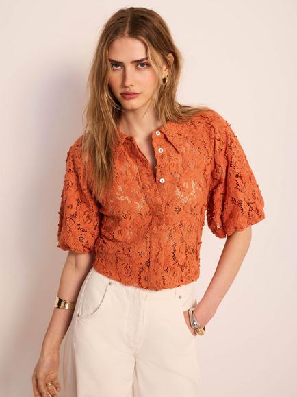 Mint Velvet Lace Floral Puff Sleeve Top, Orange, Orange