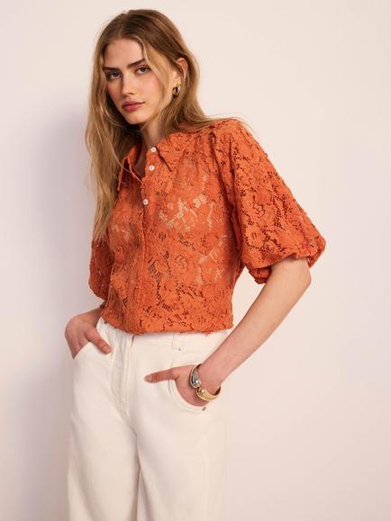 Mint Velvet Lace Floral Puff Sleeve Top, Orange - view 2, Orange