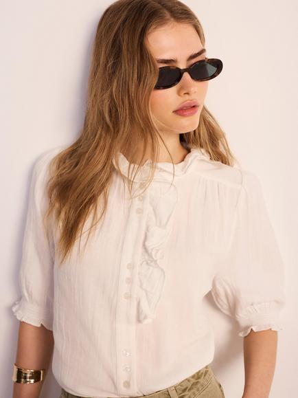 Mint Velvet Ruffle Cotton Elbow Length Top, White Ivory - view 2, White Ivory