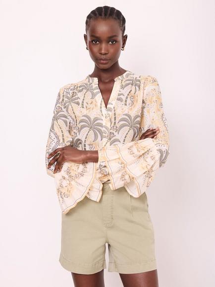 Mint Velvet Palm Print Long Sleeve Top, Green/Multi, Green/Multi
